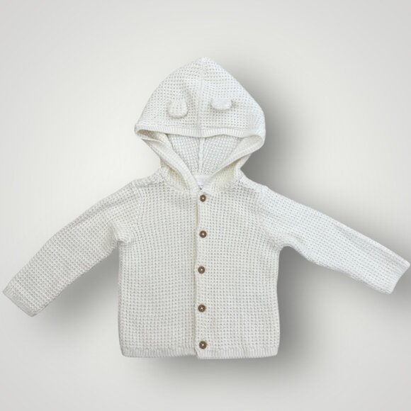 NWOT Carter’s 12 mo Baby Girl Ivory Waffle Knit Cardigan Hooded w/ Ears - Picture 1 of 4